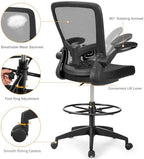 Giantex Drafting Chair High Back Office Chairs with Footrest Ring Flip-Up Armrest Height Adjustable Executive Desk Chair Ergonomic Mesh Computer Task Chair Lumbar Support Tall Office Chair (1, Black)