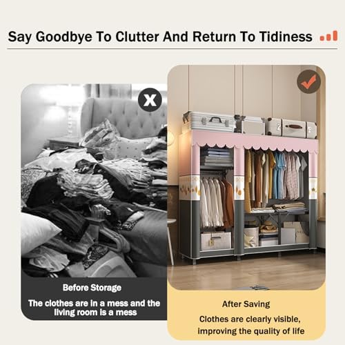 Folding Wardrobe,Fabric Cabinet,Foldable Coat Rack with Clothes Rails,Cloth Wardrobes for Bedroom Single,Canvas Folding Wardrobe Storage,Pink Gray