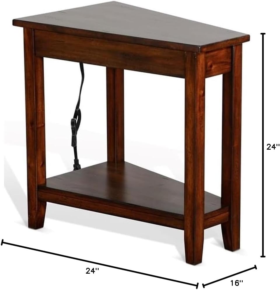 Pemberly Row Modern Chair Side Table, Dark Chocolate Finish, Open Shelf with Built-in Power Strip, Compact Wedge Shape, Contemporary End Table for Living Room or Bedroom Use