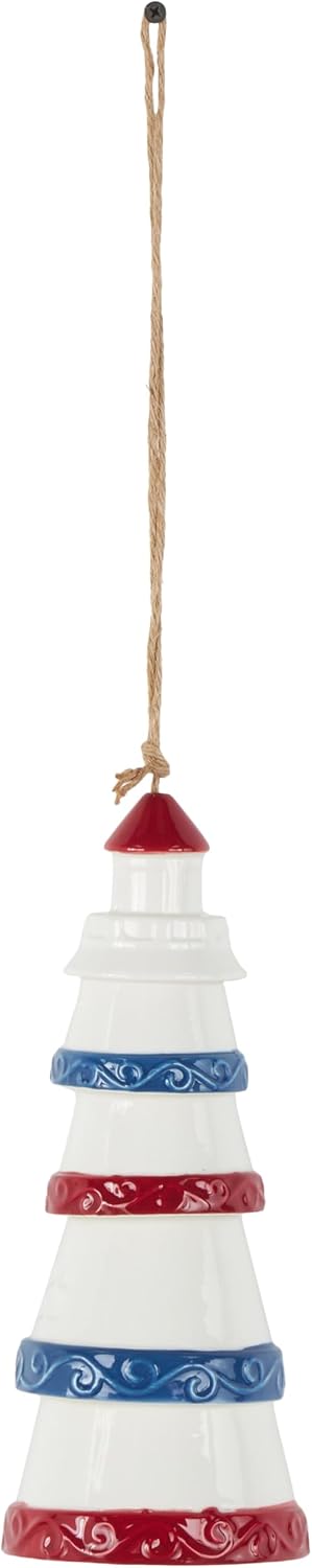 Deco 79 Ceramic Light House Indoor Outdoor Windchime Wind Chime with Brown Rope and Blue and Red Accents, Hanging Ornament 4" x 4" x 21", White