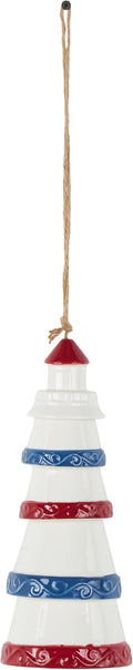 Deco 79 Ceramic Light House Indoor Outdoor Windchime Wind Chime with Brown Rope and Blue and Red Accents, Hanging Ornament 4" x 4" x 21", White