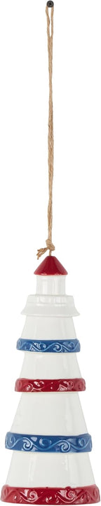 Deco 79 Ceramic Light House Indoor Outdoor Windchime Wind Chime with Brown Rope and Blue and Red Accents, Hanging Ornament 4" x 4" x 21", White