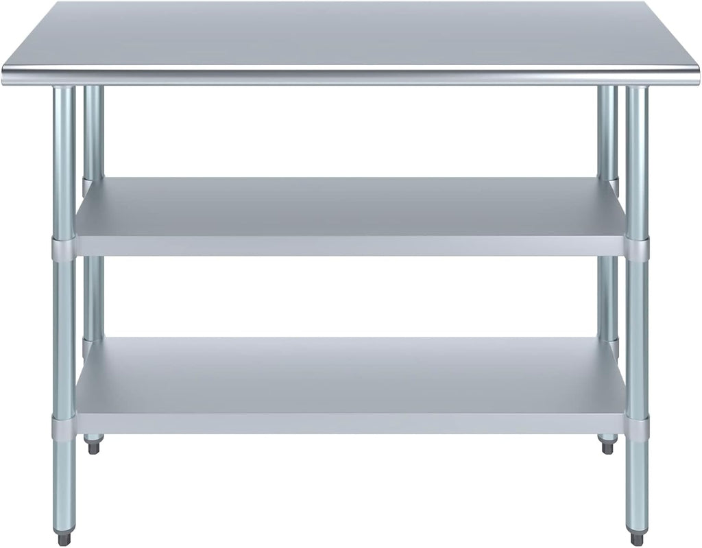 48" Long X 18" Deep Stainless Steel Work Table with 2 Shelves | Metal Food Prep Station | Commercial & Residential NSF Utility Table