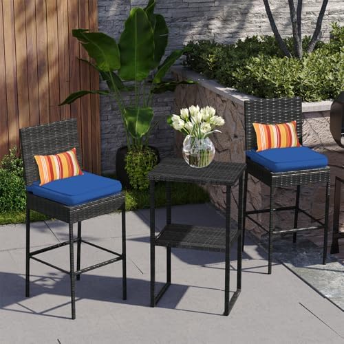 Sundale Outdoor Wicker Bar Stool Set of 2, 30 Inch Seat Height Patio Counter Height Stool with Back Rest, Rattan Woven Tall Chair with Pillow & Navy Blue Cushion, High Bar Stool - Steel, Charcoal