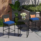 Sundale Outdoor Wicker Bar Stool Set of 2, 30 Inch Seat Height Patio Counter Height Stool with Back Rest, Rattan Woven Tall Chair with Pillow & Navy Blue Cushion, High Bar Stool - Steel, Charcoal