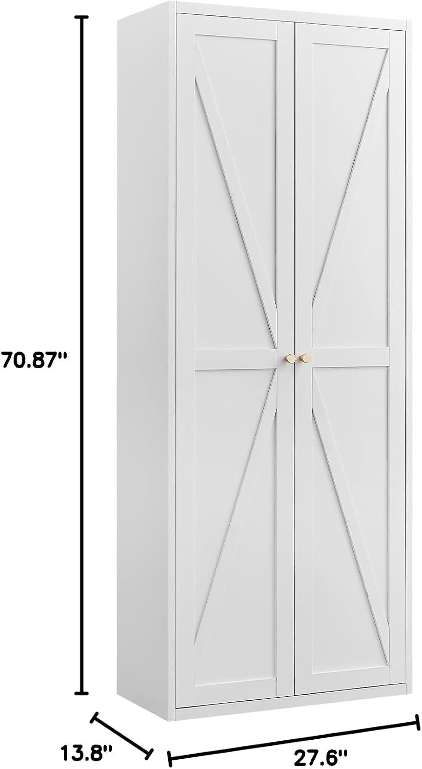 GREATMEET 71" Kitchen Pantry Storage Cabinet, Metal Garage Storage Cabinets with 2 Doors and Shelves, Tall Storage Cabinet, Laundry Room Cabinet, Food Pantry Cabinet, White