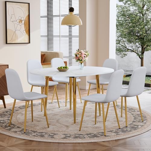 FURNITO Round Dining Table Set for 6, 42"-54" Extendable Dining Room Table Set for 6, White Kitchen Table with Upholstered Chairs Set of 6, 7 Piece Dining Table Set for Small Spaces, Easy Assembly