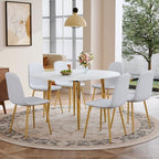 FURNITO Round Dining Table Set for 6, 42"-54" Extendable Dining Room Table Set for 6, White Kitchen Table with Upholstered Chairs Set of 6, 7 Piece Dining Table Set for Small Spaces, Easy Assembly