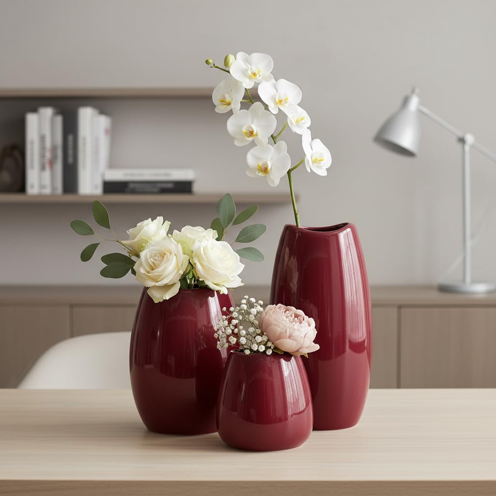 hjn Ceramic Vase Set of 3 Red Flower Vase for Home Decor, Modern Decorative Vase for Flowers Vases for Your Ideal Shelf Decor/Table/Living Room/Kitchen/Office-Red…