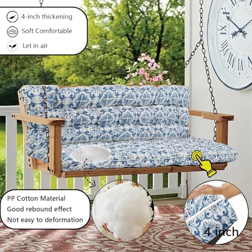 Porch Swing Cushion Three Seat, Waterproof Swing Cushions Replacement with Backrest, Outdoor Garden Furniture Patio 4" Thickened Cushions with Ties (Blue Print, 40 x 63in)