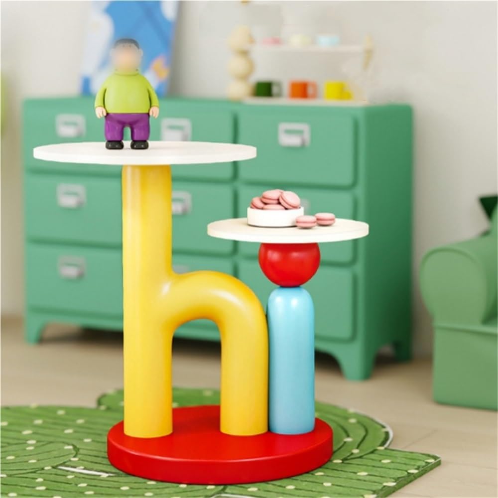 Round End Table with Double-Layer Tabletop, Cute HI-Shape Side Table, Colorful Bedside Table with Stable Base, Creative Coffee Table for Living Room