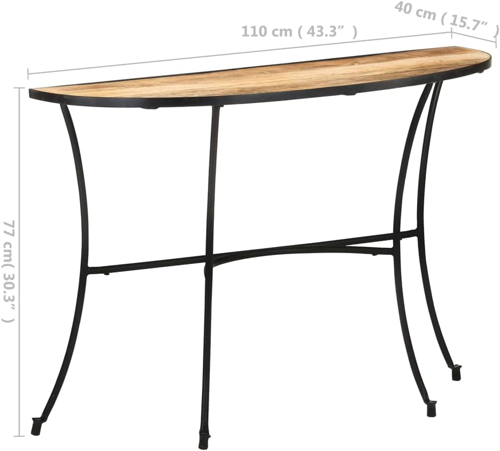 Industrial Style Mango Wood Side Table with Black Steel Legs, Solid Mango Wood Crescent Shape Tabletop for Living Room Entryway, Durable Furniture Decor, 43.3 Inch Long 15.7