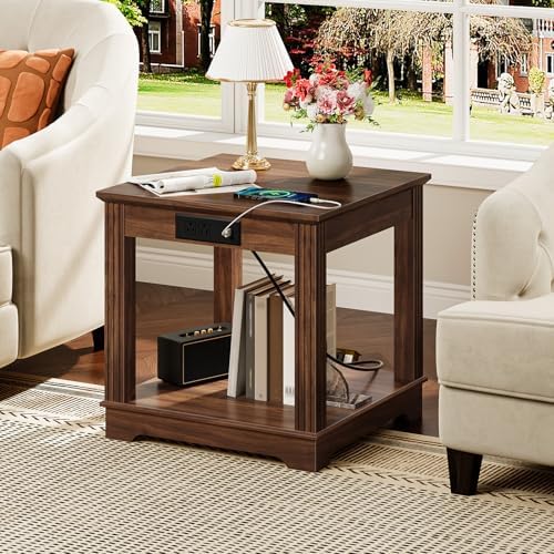 CHOEZON Narrow Nightstand and Farmhouse End Table with Charging Station Bundle, 2-Tier Large Side Table, Square End Table, Skinny Side Table for Living Room, Bedroom MBZ12HT-MBZ15UHT