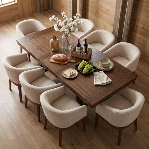 RIVOVA Mid-Century Modern Beige Dining Chairs Set of 8, Linen Upholstered Kitchen Dining Room Chairs with Natural Wood Legs, Curved Backrest Armchairs, Beige