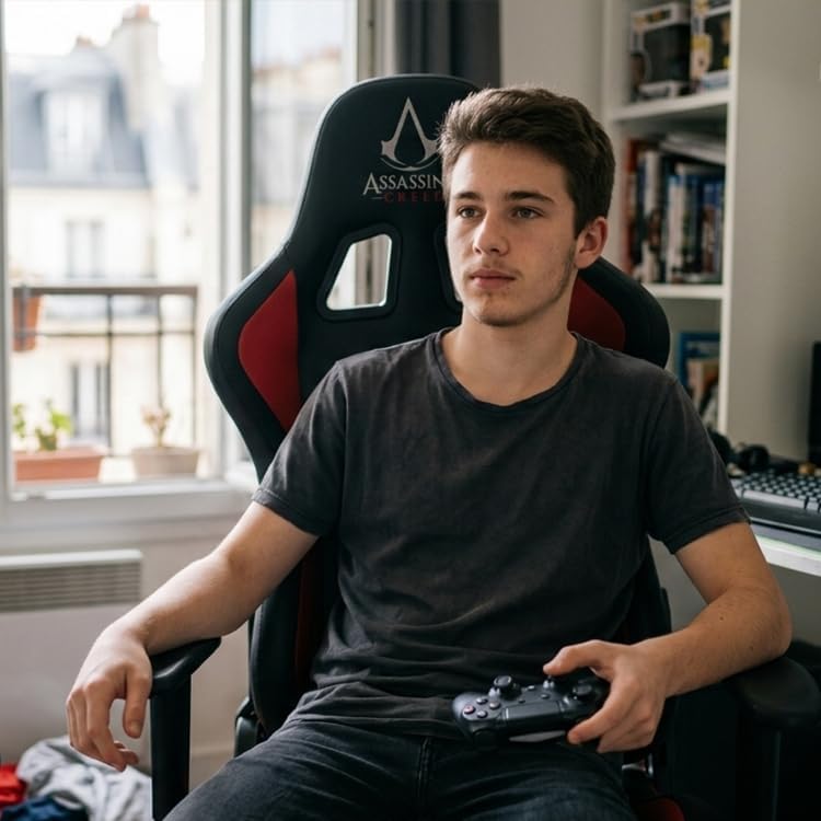 SUBSONIC Assassin's Creed Gaming Chair, Modern Black Faux Leather, Ergonomic, Lightweight, Arm Rest, Recliner, 150kg, 53cm Seat Depth