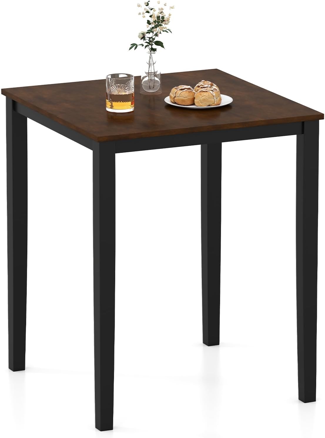 GOFLAME Square Bar Table, Counter Height Pub Table with Rubber Wood Legs, 30 x 30 x 36 Inch Cocktail Table, Dining Table for Kitchen, Bistro, Restaurant, Small Space, Black & Brown