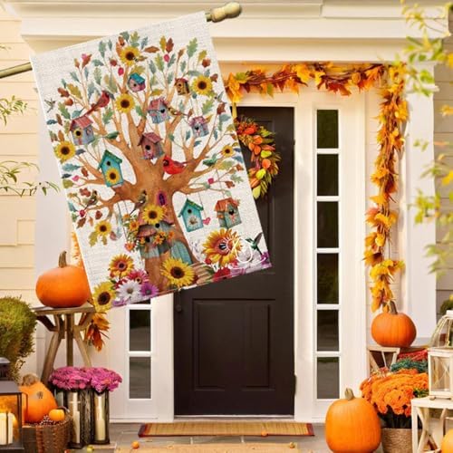 Welcome spring summer sunflower outdoor house flag, bird double sided Burlap fall flag 28x40 Inch, seasonal farmhouse vacation outdoor decoration