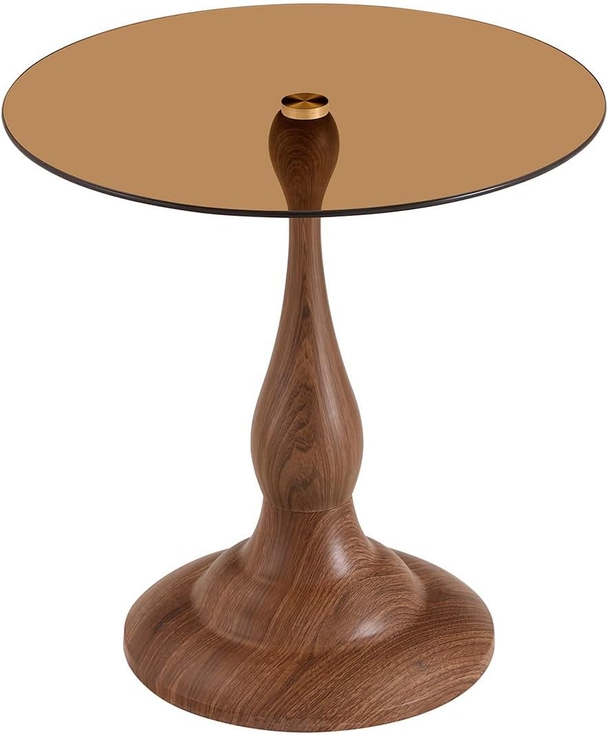 Round Side Table,Round Coffee Table, Small End Tables with Round Metal Frame,Tempered Glass Side Table,19.6 Inch Vintage Accent Table for Sofa, Bedside, Living Room, Bedroom, Patio(Brown)