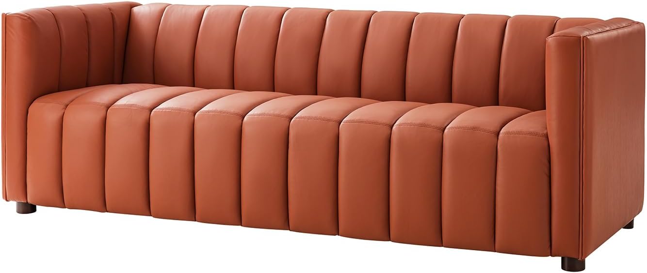 HULALA HOME 83" Genuine Leather Sofa with Channel Tufted Design, 3-Seater Sofa for Living Room Bedroom, Modern Oversized Couch with Wood Legs, Brick