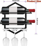 Wall Mounted Wine Rack, 2-Pack Black Metal, 4-Bottle Holder with 6-Glass Hanger Display Shelf, Space-Saving Storage Kitchen Bar Dining Room