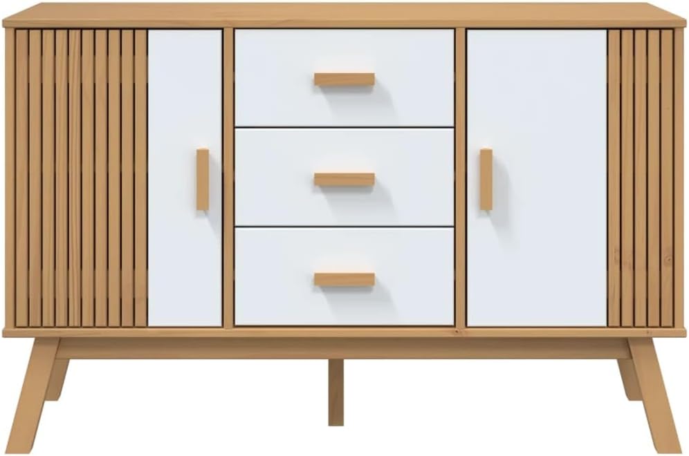 White and Brown Solid Pine Wood Sideboard with Multiple Drawers and Doors for Dining Room Living Room Hallway Storage Modern Scandinavian Design Furniture