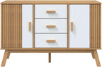 White and Brown Solid Pine Wood Sideboard with Multiple Drawers and Doors for Dining Room Living Room Hallway Storage Modern Scandinavian Design