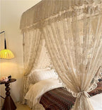 Bed Canopy Frame Set, Lace Canopy Curtains with U-Shaped Metal Frame, 3-Door Design for Bedroom Decoration
