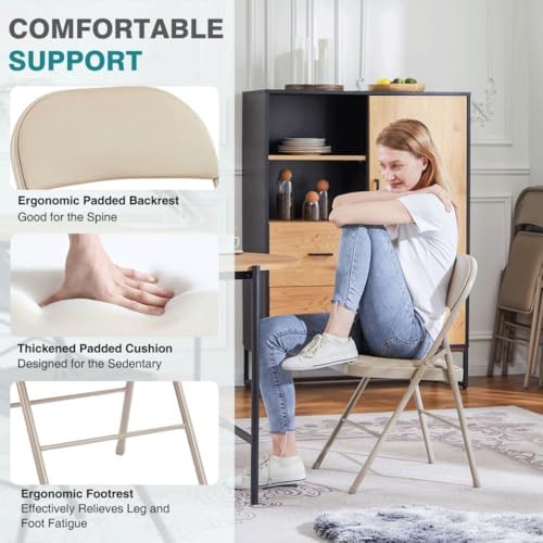 Padded Folding Chairs Set of 2, Portable Stackable Acrylic with Cushion for Outdoor Activities, Indoor Gatherings, Living Rooms and Office Meetings, Khaki