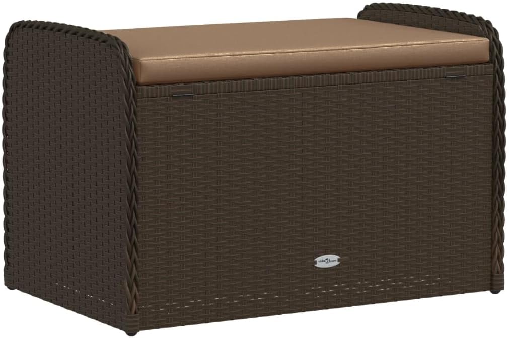 Brown PE Rattan Outdoor Storage Bench, Weatherproof Patio Furniture with Cushion, Garden Deck Box for Porch, 242.5 lbs Capacity Bench Seating