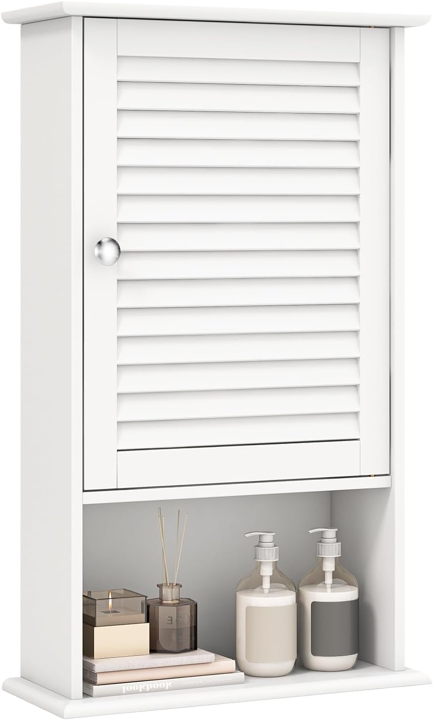 Giantex Bathroom Wall Mount Cabinet - Over The Toilet Storage Organizer with Single Door and Adjustable Shelf, Above Toilet Medicine Cabinet for Living Room, Kitchen, Hallway, Hanging Cabinet (White)