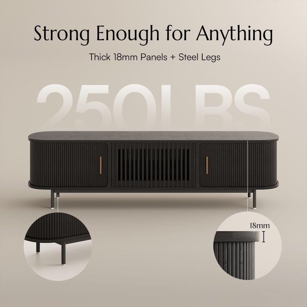 POVISON Fully-Assembled Sliding Tambour Door TV Stand, Mid Century Modern Sintered Stone TV Console, Wood Media Console for 85 Inch TV, Entertainment Center with Storage Cabinet(Black, 94.49")