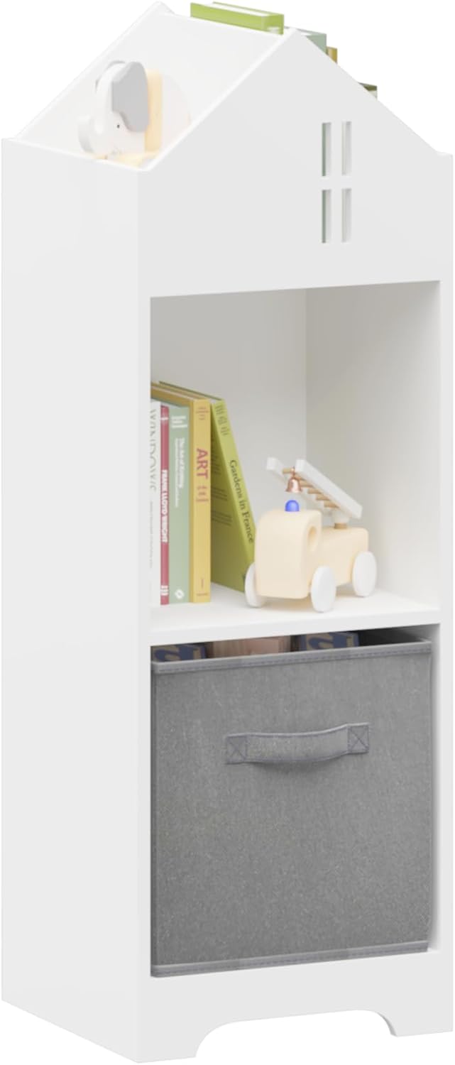 Bookcase with Storage, 2 Tier Storage Display Organizer, Toddler Bookshelf with Collapsible Fabric Drawers for Bedroom or Playroom (White,Gray)