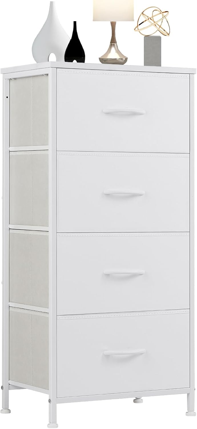 DUMOS Nightstand Bedside Table with 4 Drawers, Removable Fabric Bins with Steel Frame Wood Top, Organizer Furniture for Bedroom Closet Living Room, Chalky