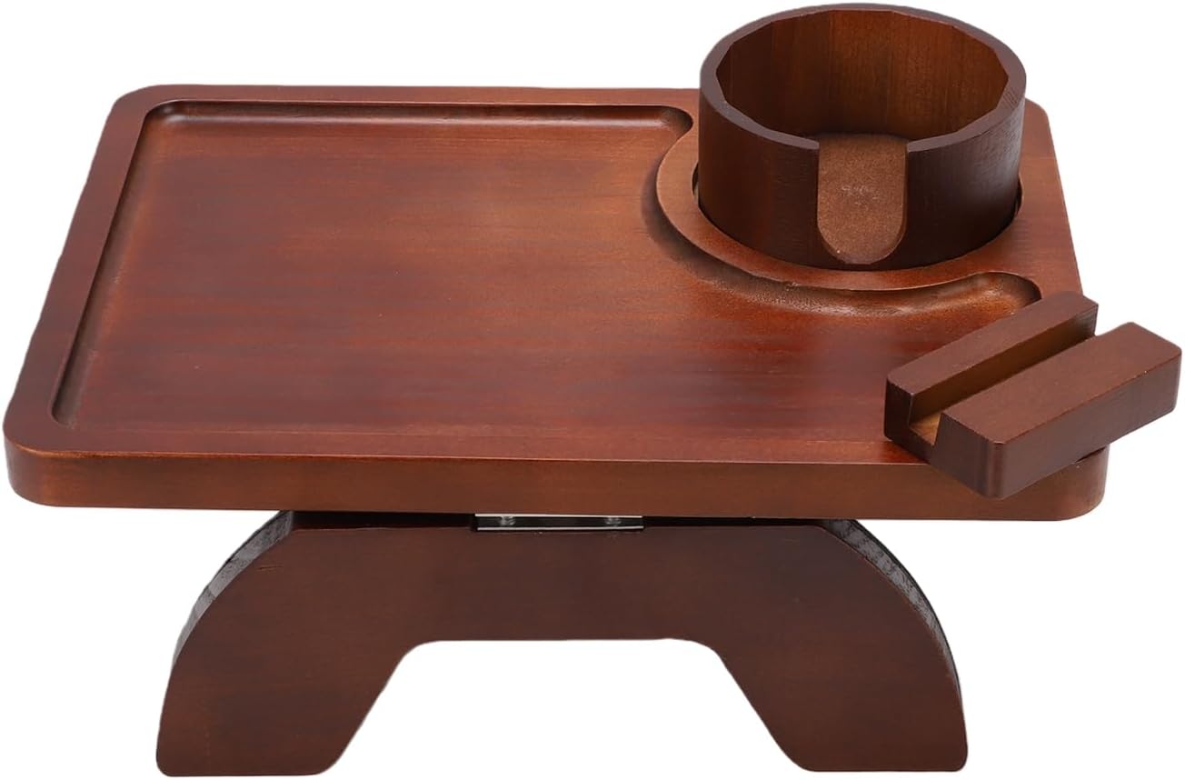 Wood Sofa Arm Tray Table, Couch Armrest Table with Cup Holder, Phone Stand, Clip On Sofas Couch Arm Trays for Snacks Drinks Remote Control (Brown)