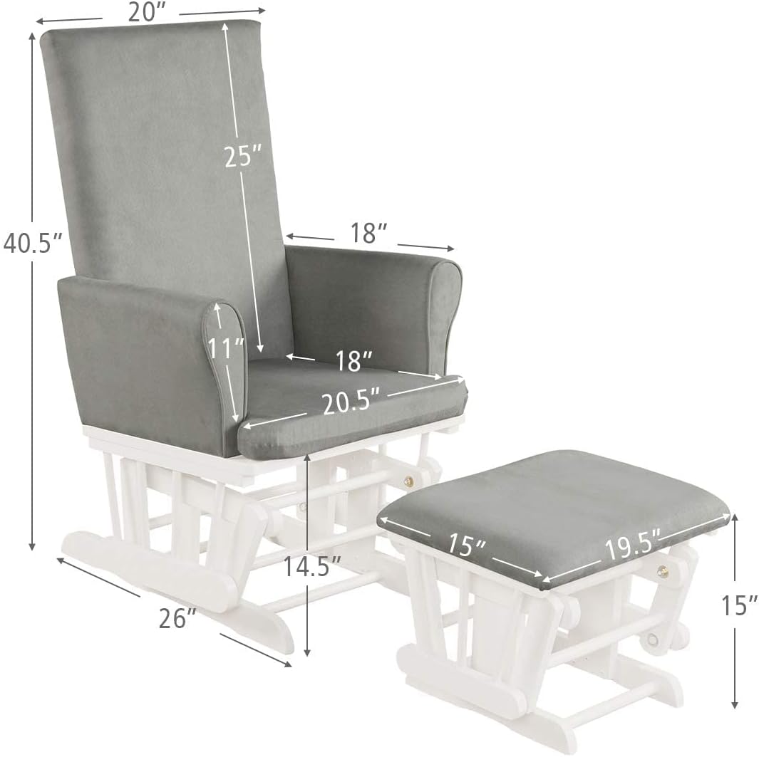 LDAILY LUARANE Hoop Glider and Ottoman Cushion Set, Wooden Rocking Nursery Chair with Cushioned Armrests Detachable Cover, Upholstered Glider with Nursing Ottoman for Napping Nursing Reading (Grey)