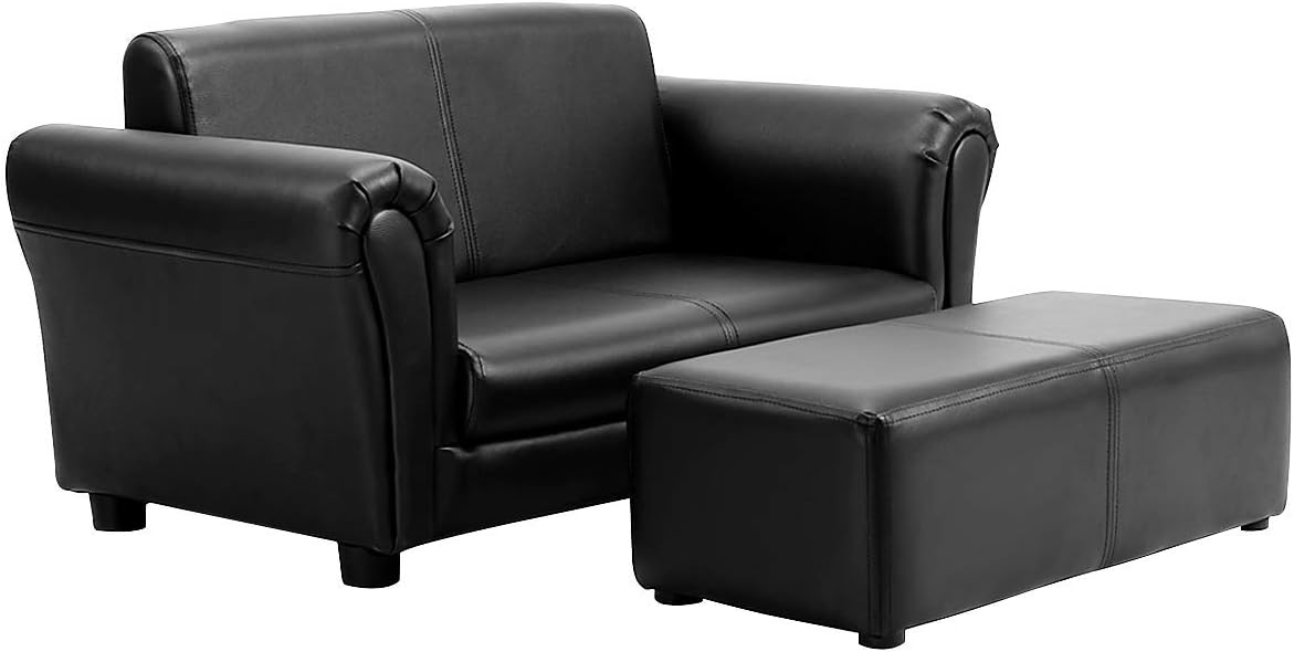 Costzon Kids Couch with Footstool, 2 in 1 Double Seat Children's Sofa w/PU Leather Surface, Armrest Chair Lounge, Soft Kids Sofa for Preschool Bedroom Kids Room Toddlers Boys Girls Birthday (Black)