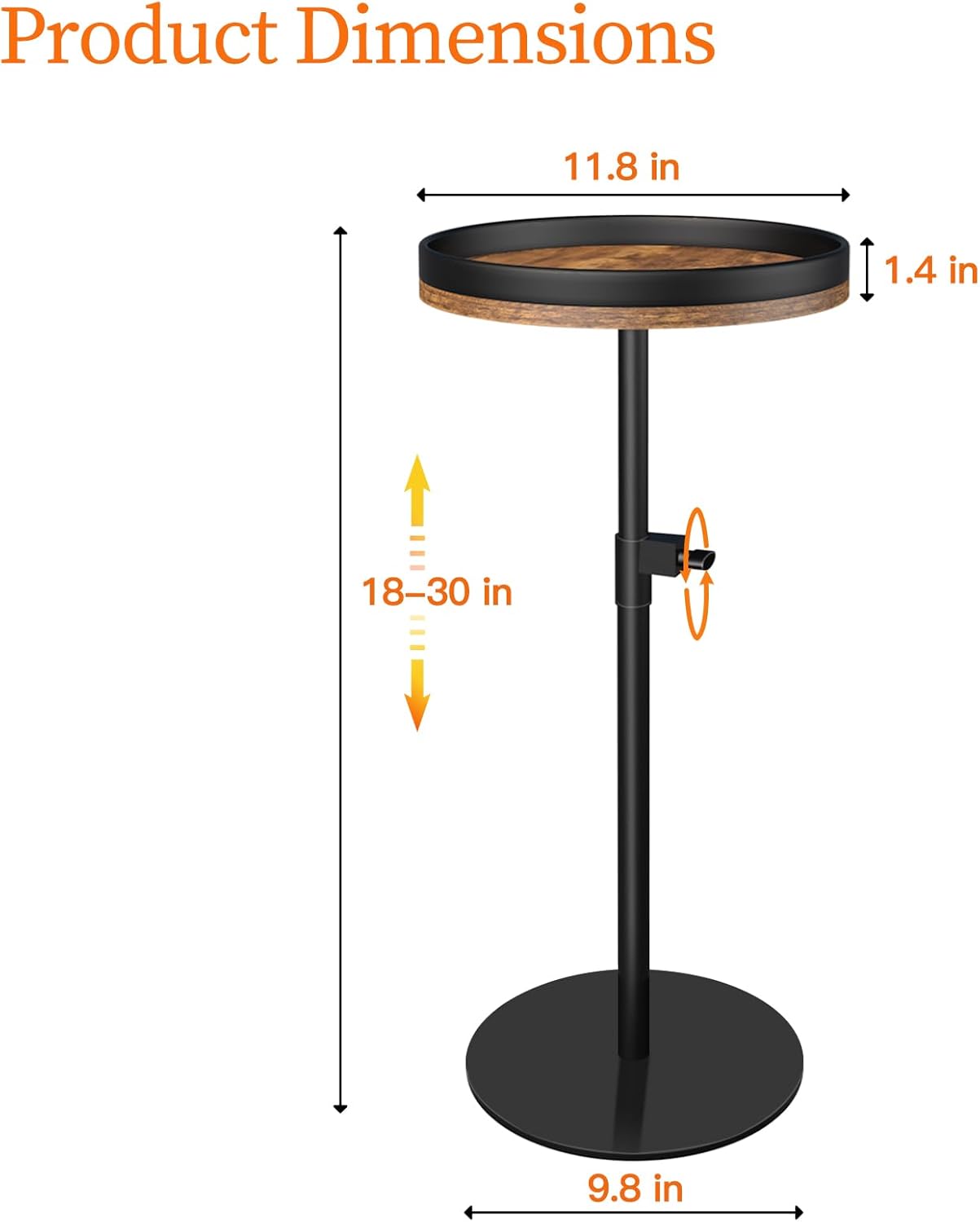 Drink Table, Small Round Side Table Height Adjustable Martini Table with Weighted Metal Base, Pedestal Table for Small Spaces, Accent Table for Living Room, Bedroom, Bathroom (Brown-1)