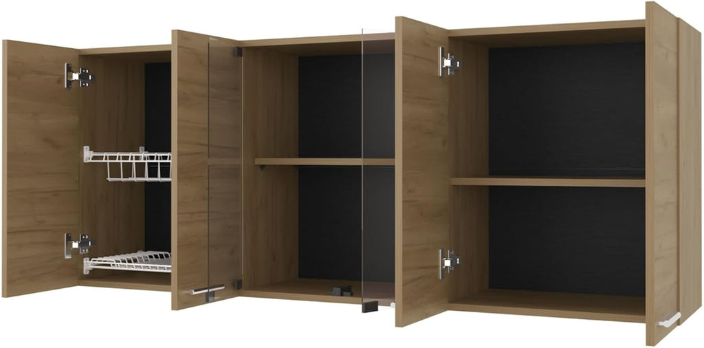 Wall Cabinet Kitchen 4 Doors and Glass Storage, Natural Oak,for Kitchen