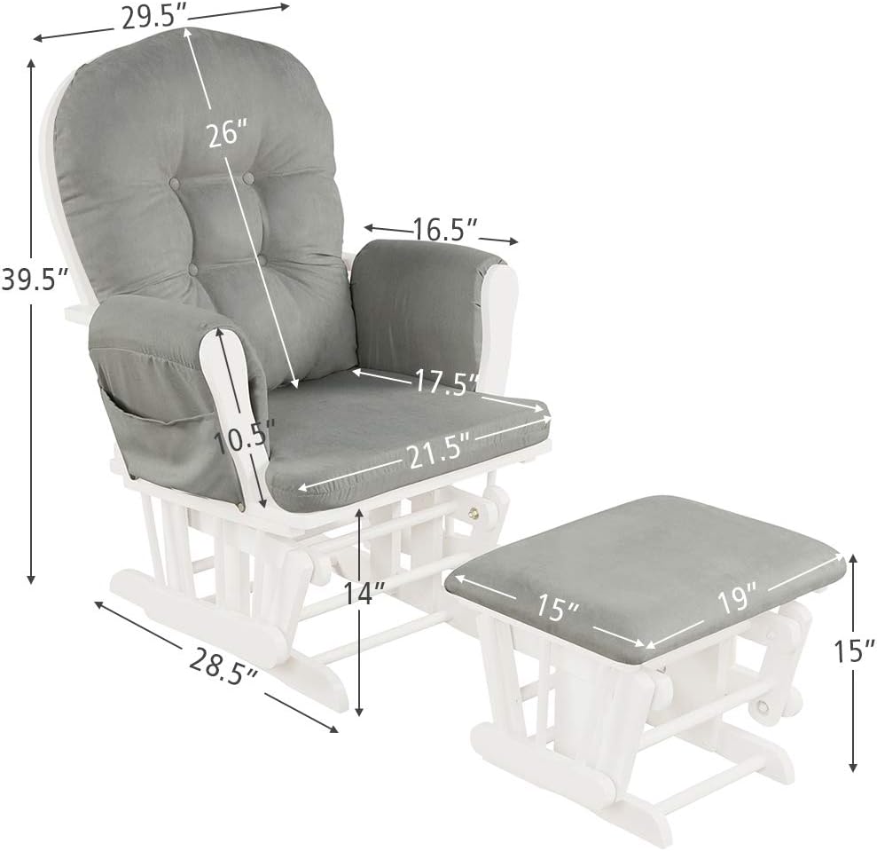 Costzon Nursery Glider with Ottoman, Upholstered Comfort Glider Rocker with Padded Cushion, Storage Pocket, Solid Wood Base, Rocking Chair Nursery for Breastfeeding, Napping (Light Gray)