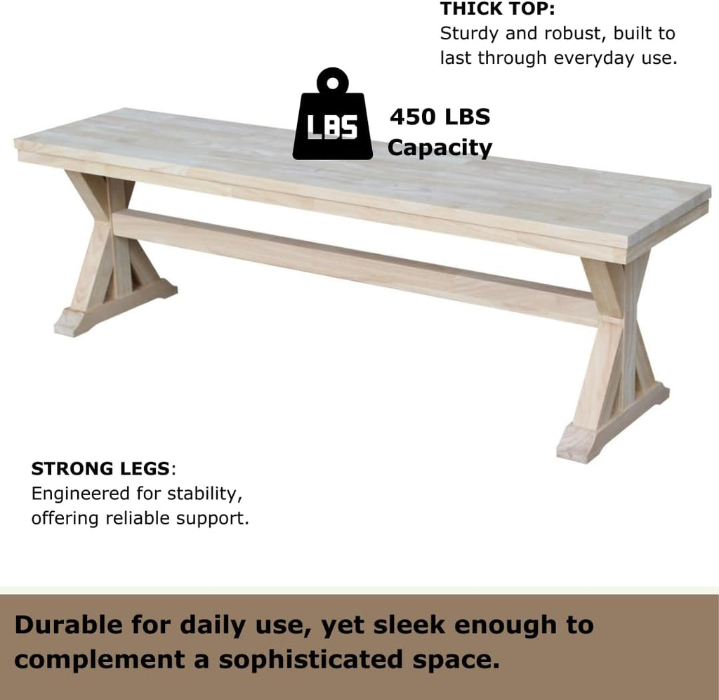 IC International Concepts, Canyon Collection Solid Bench, Solid Real Wood, Sturdy Parawood, Entryway/Dining/Living, 60"W x 14.56"D x 18"H, 450 lbs Weight Capacity, Paint/Stain Ready, Unfinished