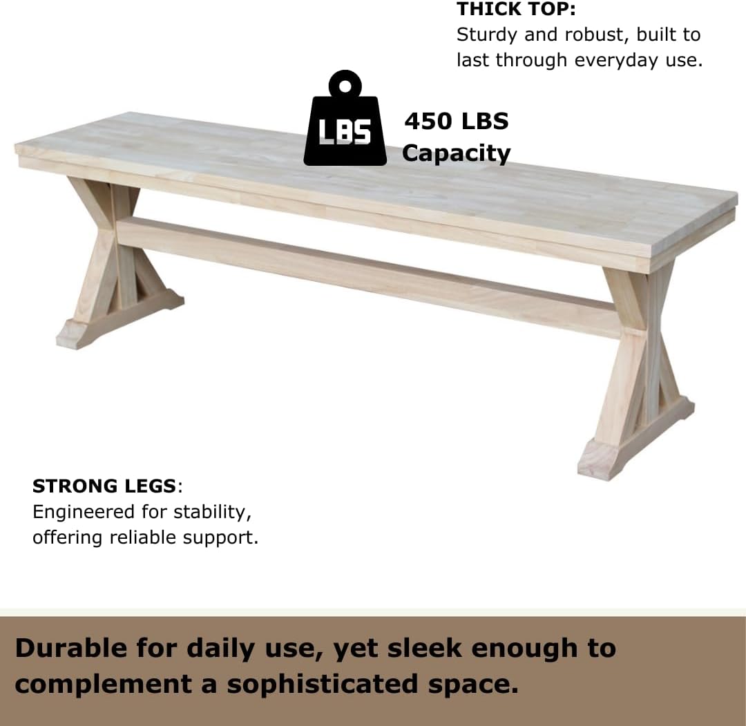 IC International Concepts, Canyon Collection Solid Bench, Solid Real Wood, Sturdy Parawood, Entryway/Dining/Living, 60"W x 14.56"D x 18"H, 450 lbs Weight Capacity, Paint/Stain Ready, Unfinished