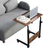 Rolling Height Adjustable C-Shaped Side Table, 15MM P2 Chipboard and Steel Laptop Cart with Edge Stopper, Rustic Brown for Living Room Bedroom Couch Bed