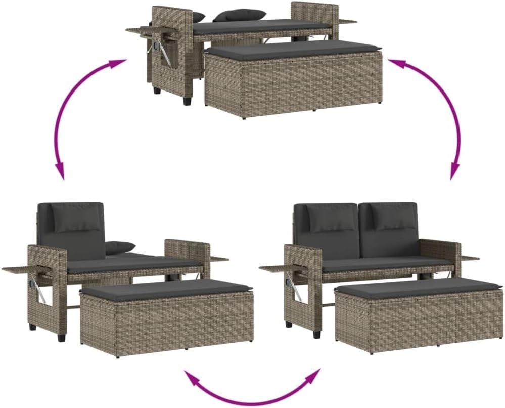 Garden Bench Grey PE Rattan, Powder-Coated Steel, Polyester Medium,Reclining Garden Bench with Adjustable Armrests | WeatherResistant Poly Rattan | Outdoor & Indoor Use Patio Furniture