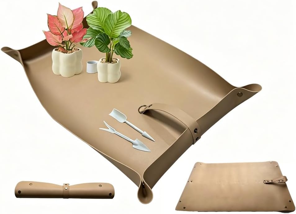 PU Leather Repotting Mat for Indoor Plants, Waterproof Gardening Mat with 2 PCS Mini Garden Succulent Transplanting Tools Portable Potting Mat for Transplant and Mess Control (Beige, 29x17in)