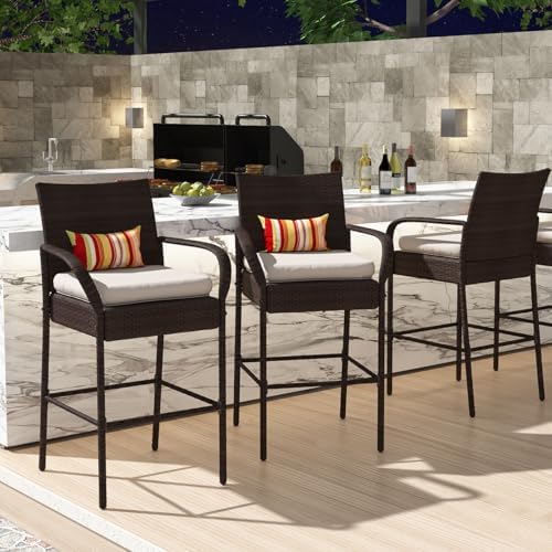 Sundale Outdoor Wicker Bar Stool Set of 2, Patio Counter Height Pub Chair with Arms, High Top Rattan Barstool, Cushion Beige, All-Weather Outdoor Rattan Furniture