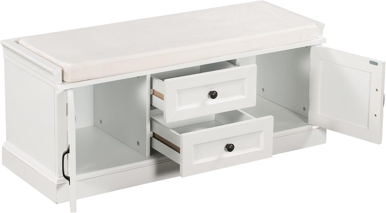 GDFStudio Jasd 42.50" Storage Bench with 2 Drawers and 2 Cabinets, Shoe Bench with Removable Cushion, Solid Wood Frame Storage Ottoman, Rectangular Cabinet Shoe Seat for Living Room Entryway, White