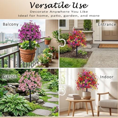 Faux Petunias with Ground Stake, UV Resistant & Waterproof Artificial Flowers, Realistic Fake Flowers for Garden In Ground, Yard, Porch, Planter – Indoor Outdoor Home Decoration (Purple 3 Pcs)