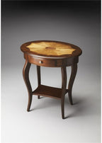 Beaumont Lane Traditional Oval Accent Table, Cherry Finish, Rubberwood and MDF Construction, 24.5"W x 18.25"D x 26.25"H, Lower Shelf, Working Drawer, Brass Hardware, Decorative Living Room Side Table