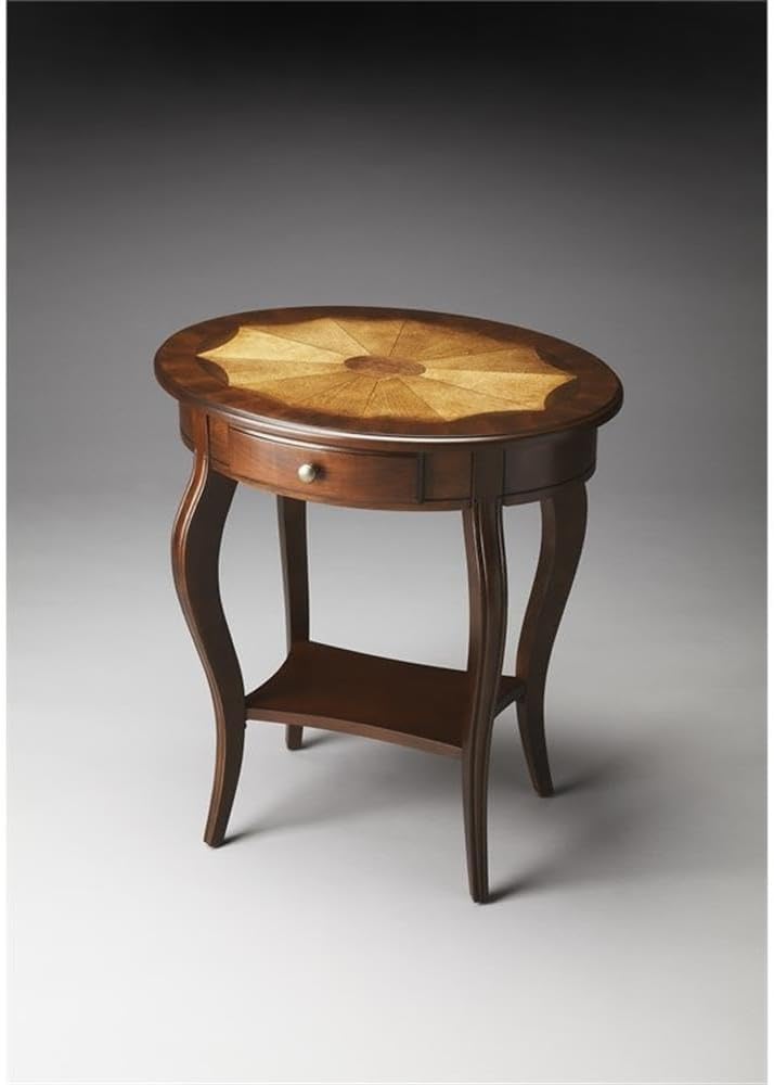 Beaumont Lane Traditional Oval Accent Table, Cherry Finish, Rubberwood and MDF Construction, 24.5"W x 18.25"D x 26.25"H, Lower Shelf, Working Drawer, Brass Hardware, Decorative Living Room Side Table