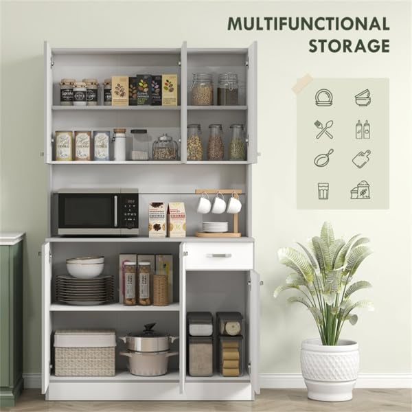 Kitchen Storage Cabinet with Multiple Doors, Drawer, Adjustable Shelves, and Open Countertop for Microwave, Toaster, or Coffee Maker – Pantry Organizer with Anti-Tip Safety Strap (White)